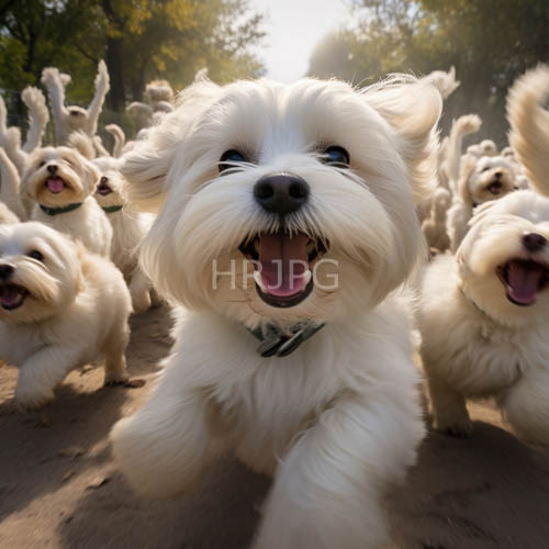 fluffy pomeranian runs through open field with fellow canine companions