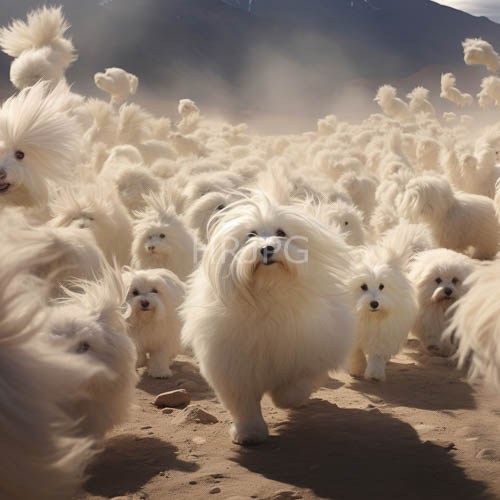 sandstretched expanses of beige tones dominate the scenery with windswept pomeranians