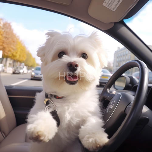 High Resolution: Bichon Frise Puppy Dominates Worn Leather Steering Wheel download. | HRJPG.com