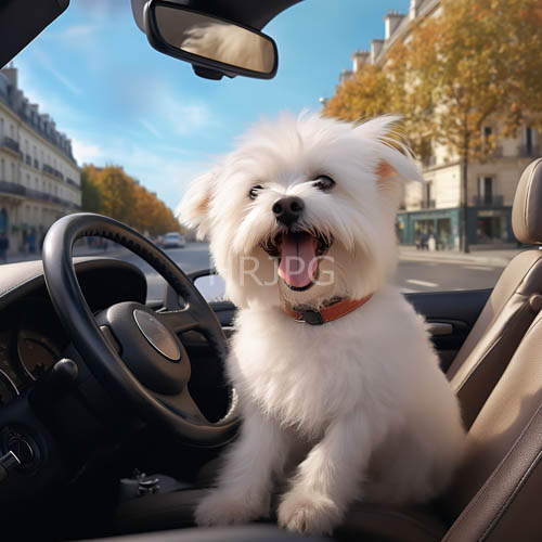fluffy white bichon frise dog lounges on modern car seat amidst parisian street