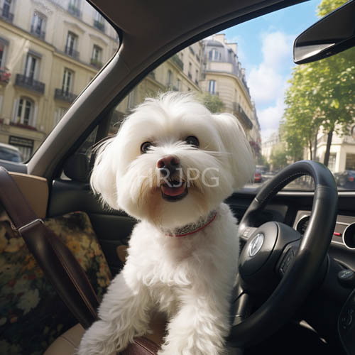 fluffy white bichon frise reclines on plush parisian car interior amidst pastel hues and ornate details