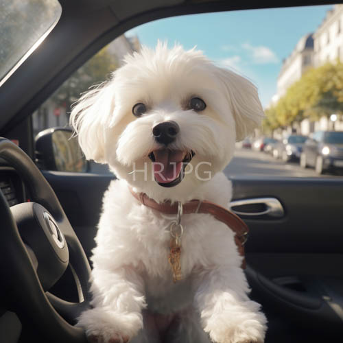joyful bichon frise frolics amidst city steel and concrete towers