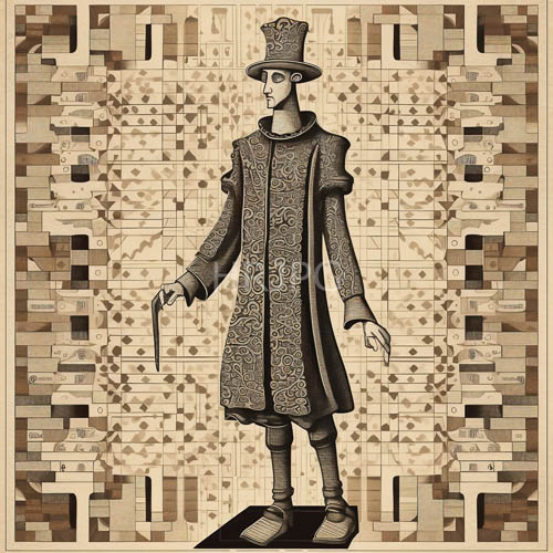 sepia medieval figures in tall hats stand on tiled floors