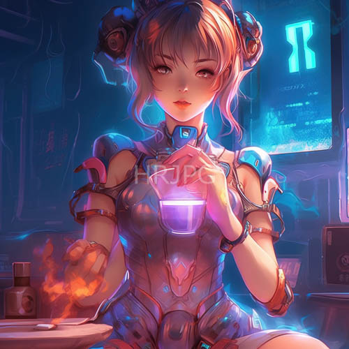 cyberpunk attire accentuates toned shoulders amidst neonlit backdrops and flaming arm