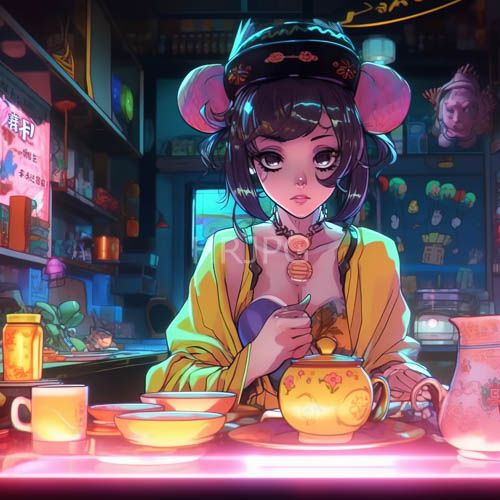 skyscrapers stretch across cityscape beyond neonlit cafe amidst vibrant hues and delicate figurines