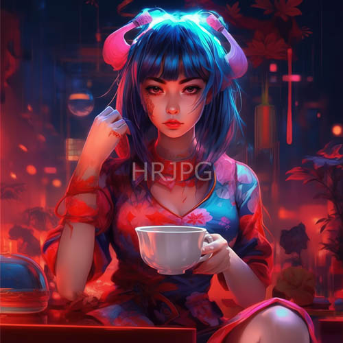 animestyle girl illuminated by neon lights in futuristic caf setting