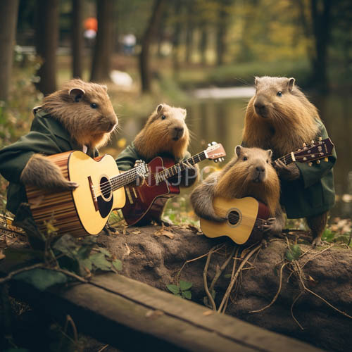 High Resolution: Five earthtoned creatures sit in a semicircle around a fallen log in the autumn forest download. | HRJPG.com