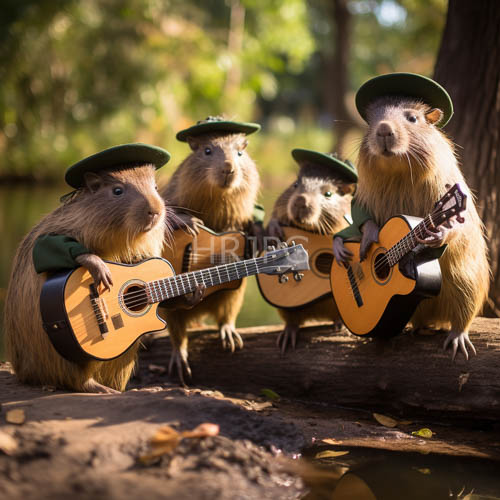 squirrels play tiny guitars in forest with dappled sunlight and waters soft background hum