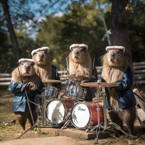 High Resolution: Wooly Monkeys Gather Around Distressed Drum Set in Morning Light download. | HRJPG.com