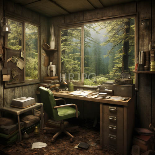 dusty office ambiance overwhelms mossgreen leather chair in morning sunlight and forest view