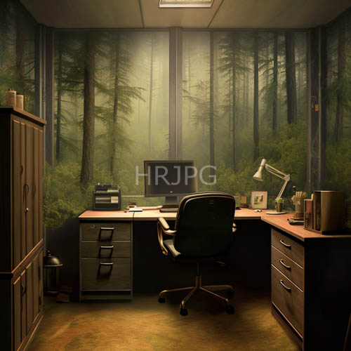 tall trees sway outside office windows foliage fills sky ceiling panels glow