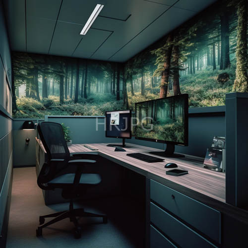 modern office furniture converges at corner with dark wood desk and black mesh chair