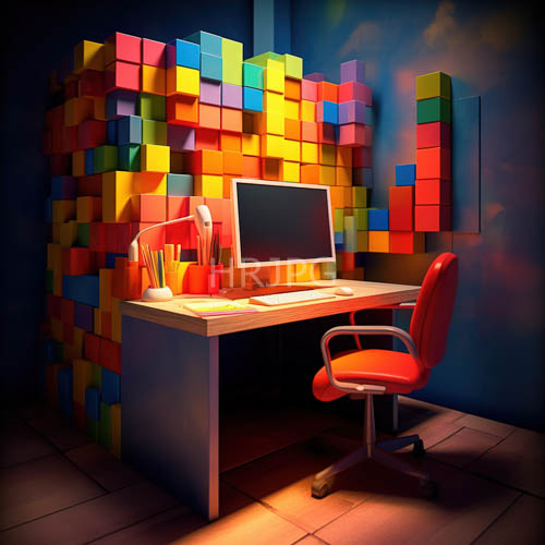 office corner with colorful cubes polished surfaces and geometric patterns