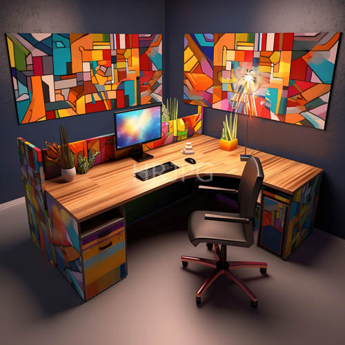wooden desk dominates corner space with geometric patterns and abstract art