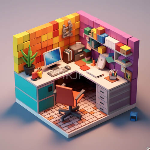 miniature office constructed from intricately interlocking legolike blocks in a small cubicle setting under overhead lighting