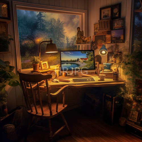 organic rustic home office corner with wooden furniture and greenery