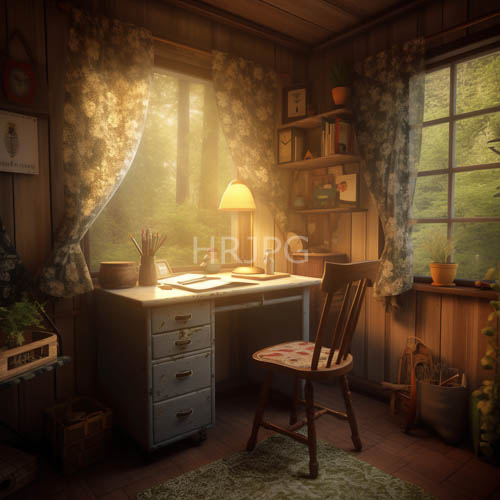 morning light filters through floral curtains onto worn leather armchairs in a cozy study