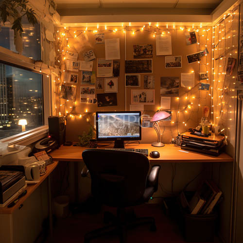 old wooden floorboards creak beneath feet of those who wander through intimate home office at night