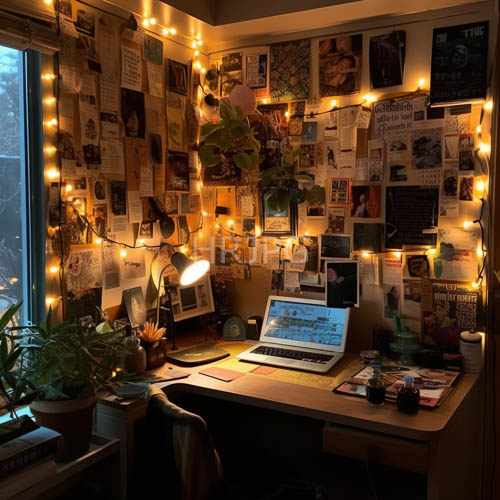 High Resolution: Flickering String Lights Dance Across Worn Office Landscape with Cozy Ambiance and Muted Tones download. | HRJPG.com
