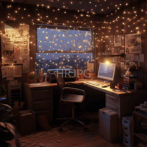 fairy lights weave tranquility in the cluttered workspace amidst twilight skies
