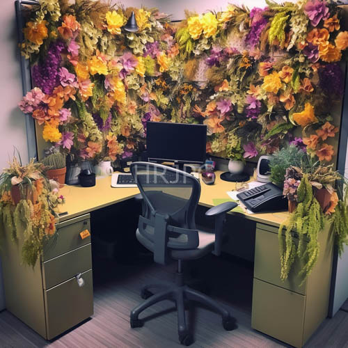 compact workspace enclosed by colorful artificial flowers and olivegreen file drawers