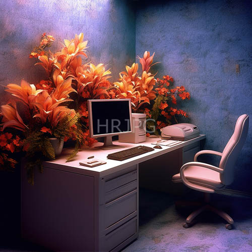 fluorescent lights hum above cluttered office corner with worn beige carpet