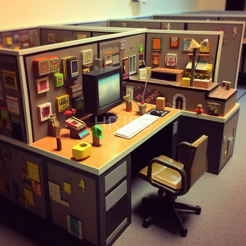multicolored sticky notes adorn partition walls in serene office environment oak desk supports monitor displaying text document
