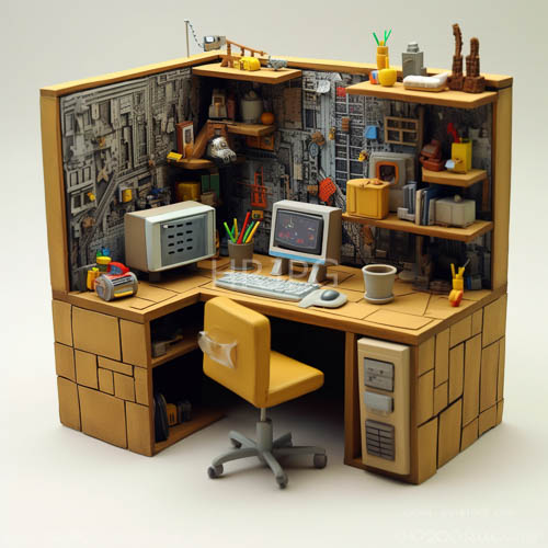 High Resolution: Cardboard desk setups glow under faint blue light display screens download. | HRJPG.com