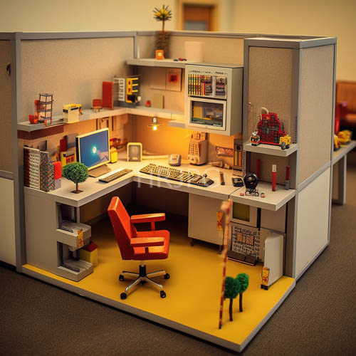 industrial office cubicle with enclosing fabric partitions and vibrant yellow floor mat