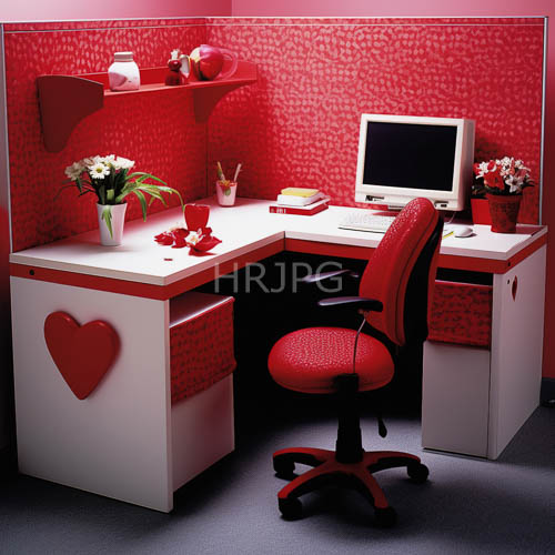 office furniture dominates checkered floor mat with delicate heartshaped decorations