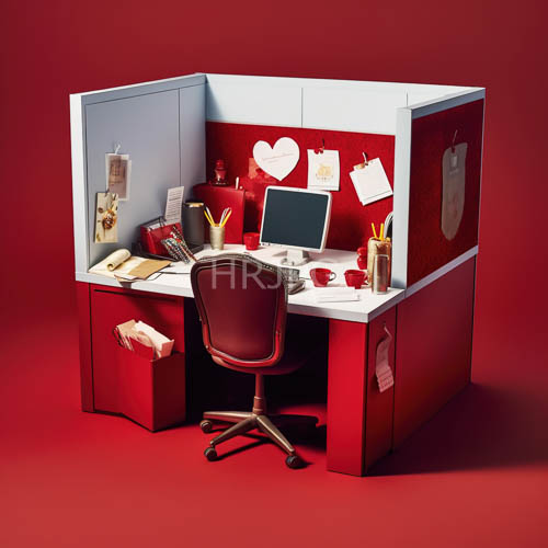 corporate cubicles adorned with crimson walls and geometric patterns in an office setting
