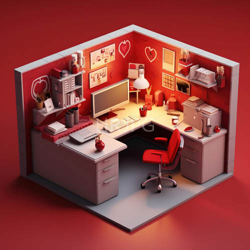 ergonomic chair surrounds cubicle with deep red textures and fluorescent light reflections