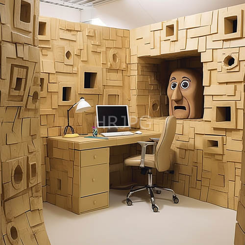 eccentric office space with zigzag wooden blocks and intricately carved wooden face