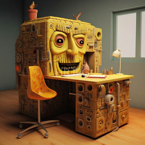 High Resolution: Eccentric RobotLike Desk Dominated by Intricate Mechanical Details and Yellow Tones in Study Setting download. | HRJPG.com