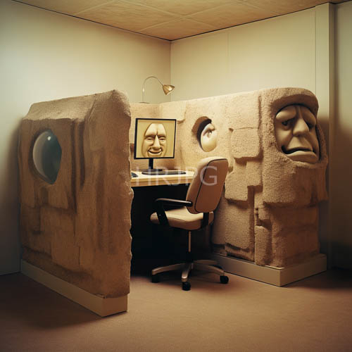 carved stone faces decorate tall walls above office spaces