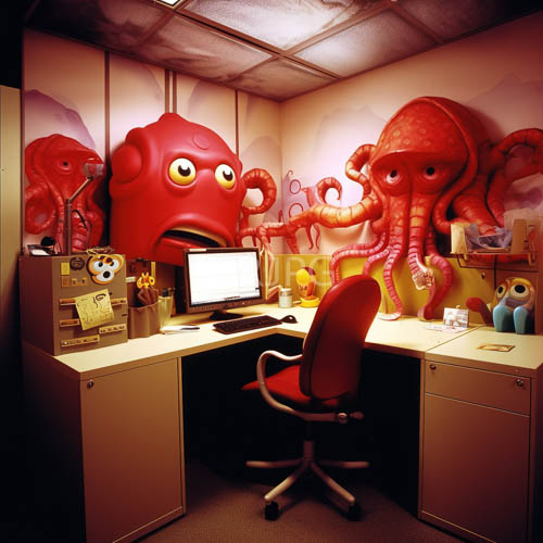 fluorescent lights cast eerie shadows on beige office cubicle walls amidst colorful octopus dance
