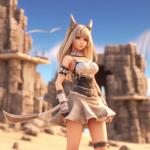 desert landscape illuminated by golden light features slender animestyle woman with delicate cat ears and intricately patterned silver armor