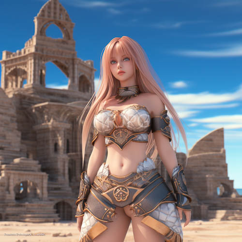 piercing blue eyes and faded pink hair stand in shattered ruins