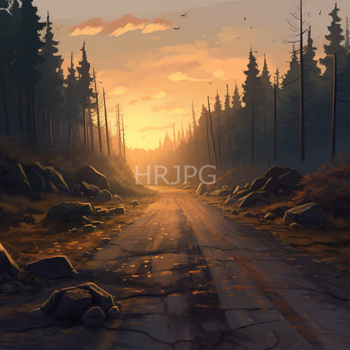 pine trees stand vigilant along weathered road under fading sunset light