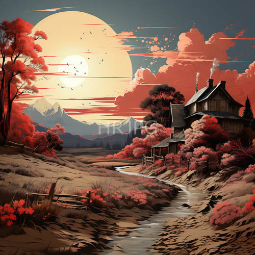 autumn trees silhouettes confront shadowed mountains and dappled sunlight filtering through clouds