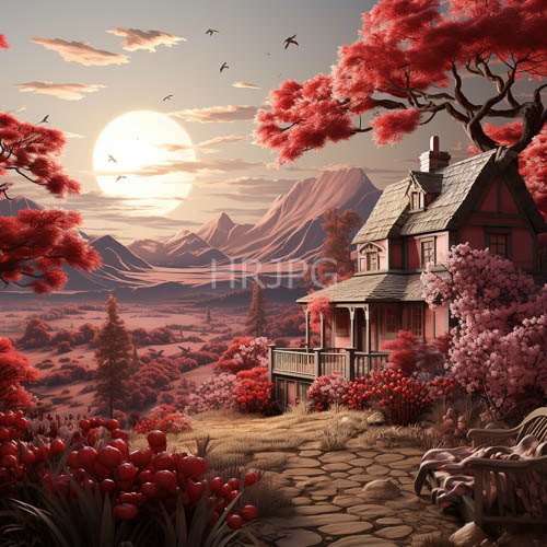 quaint house under pinkhued bloom amidst dappled forest light and majestic mountains
