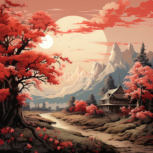 autumn landscape of crimson hillsides and weathered wooden house