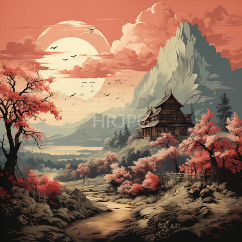 mountain ridges pierce orange horizon amidst pinkleafed trees swaying in gentle breeze