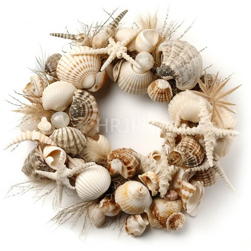 seashell wreath with delicate starfish and pearls on creamy white background