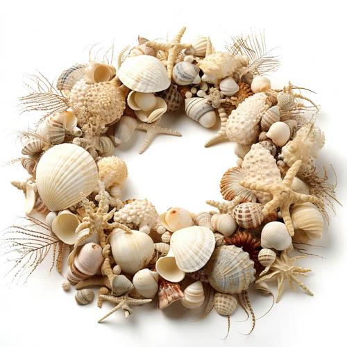 High Resolution: Oceanic shell wreaths rest on white background canvases download. | HRJPG.com