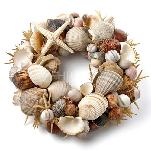 seashell wreath arrangement featuring varied textures and colors on creamcolored background