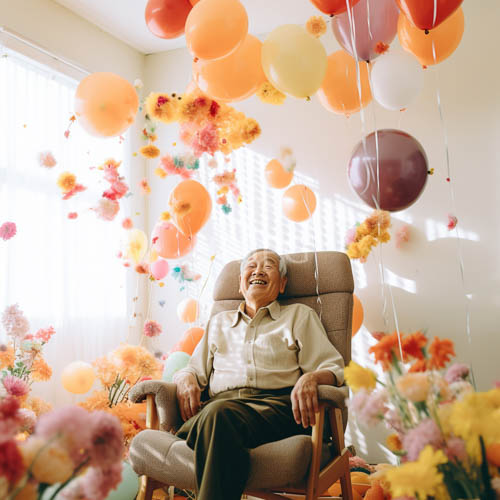 elderly asian man surrounded by vibrant balloons and fresh flowers in gentle illumination