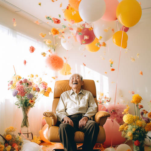 vibrant confetti celebration of elderly asian man in sunlit room with colorful balloons and flowers