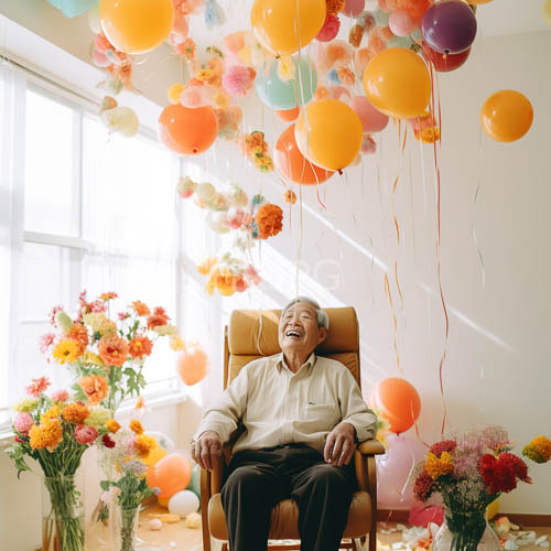 elderly asian man sits amidst whimsical balloons amidst muted beige and pale wood tones