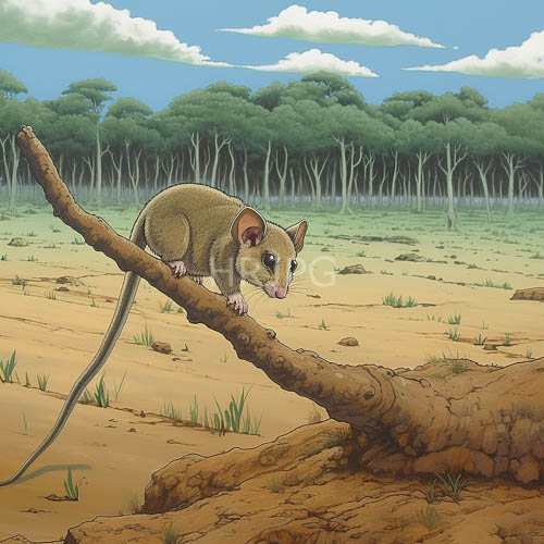 mouse explores dry savanna terrain amidst twisted tree roots and wispy clouds